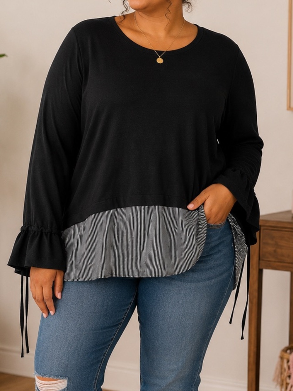 Derek Heart Black Long-Sleeve Layered Top with Striped Hem LARGE